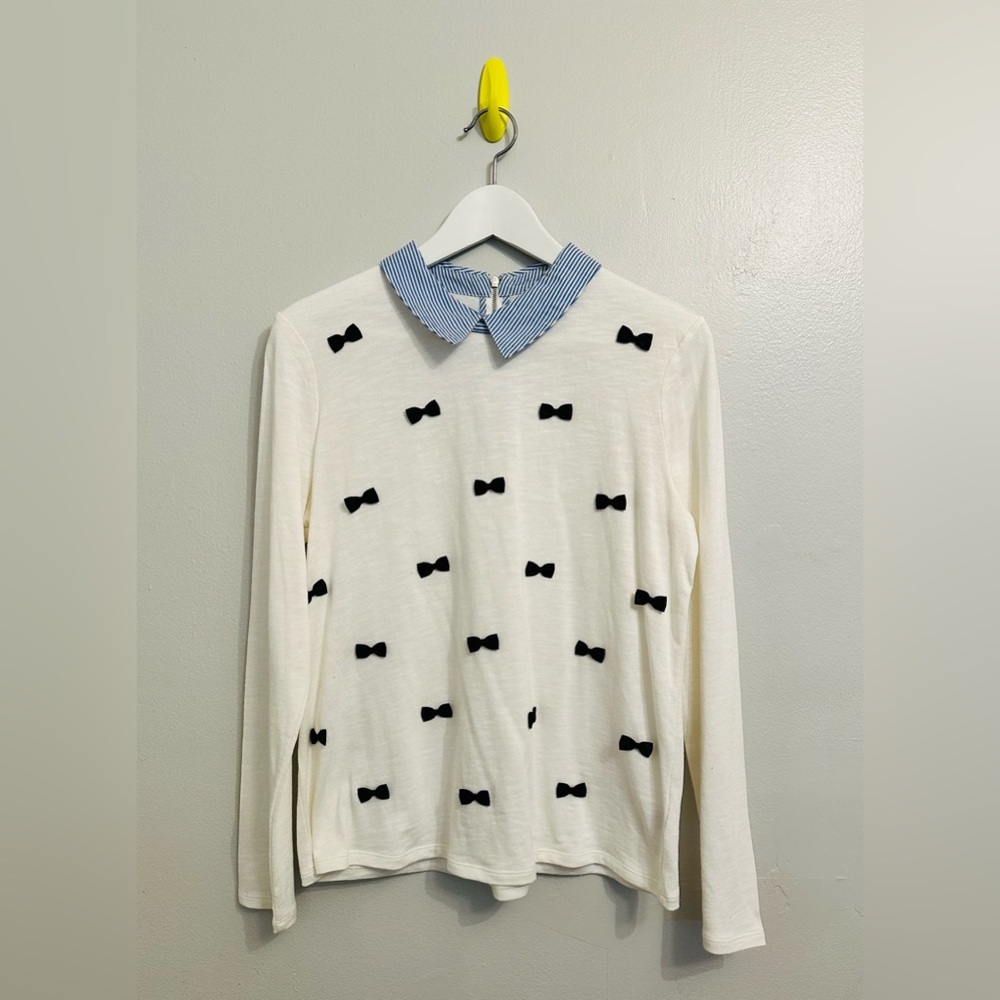 Black Bow Long Sleeve White Collared Shirt